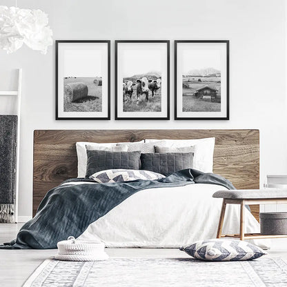 Black White Country Style Wall Art. Set of 3 - Cows, Barn, Haystacks. Black White Country Style Wall Art. Set of 3 - Cows, Barn, Haystacks. Black Frames with Mat