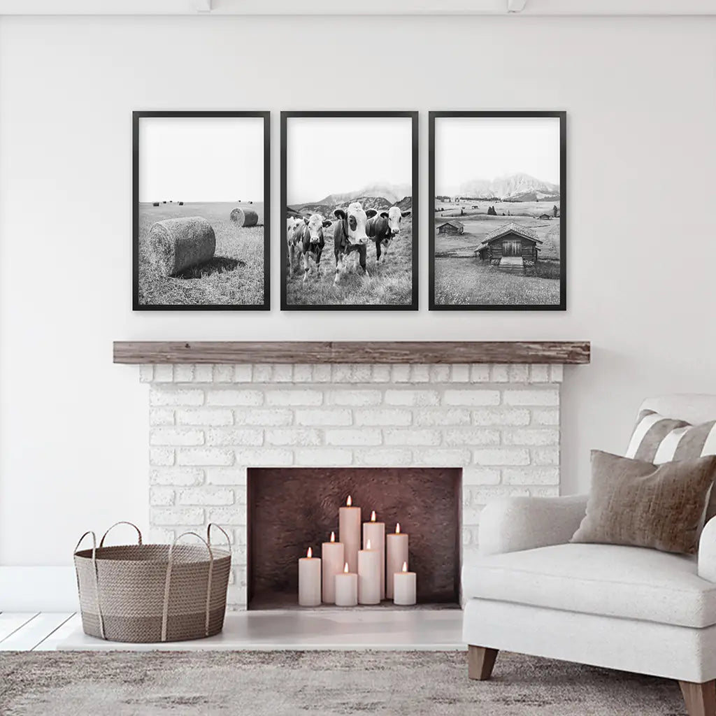 Black White Country Style Wall Art. Set of 3 - Cows, Barn, Haystacks. Black Frames