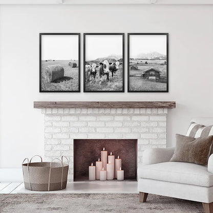 Black White Country Style Wall Art. Set of 3 - Cows, Barn, Haystacks. Black Frames