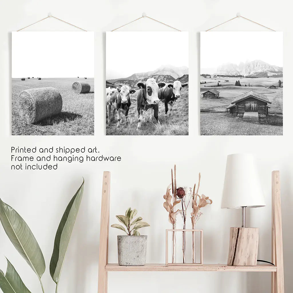 Black White Country Style Wall Art. Set of 3 - Cows, Barn, Haystacks. Unframed Prints