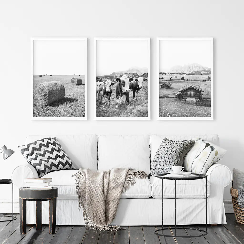 Black White Country Style Wall Art. Set of 3 - Cows, Barn, Haystacks. White Frames