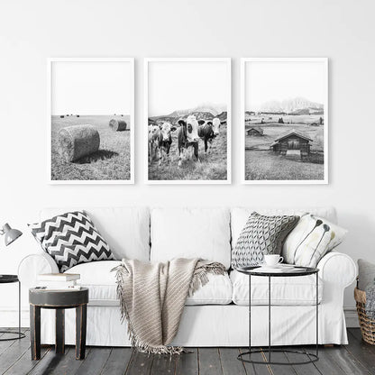 Black White Country Style Wall Art. Set of 3 - Cows, Barn, Haystacks. White Frames