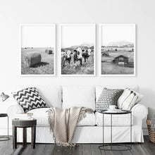 Load image into Gallery viewer, Black White Country Style Wall Art. Set of 3 - Cows, Barn, Haystacks. White Frames
