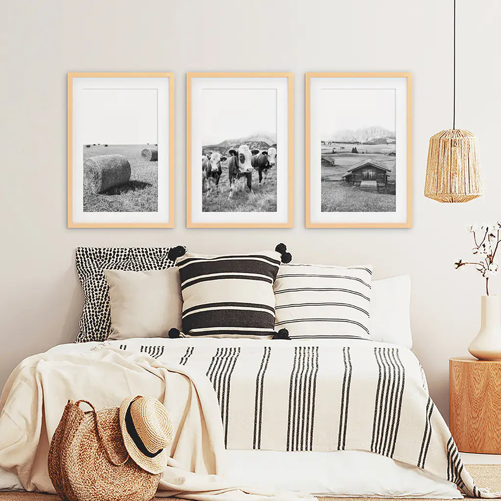 Black White Country Style Wall Art. Set of 3 - Cows, Barn, Haystacks. Wood Frames with Mat