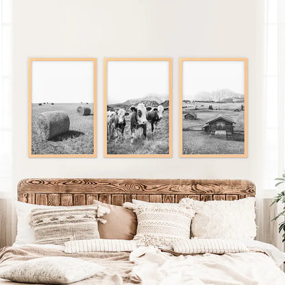 Black White Country Style Wall Art. Set of 3 - Cows, Barn, Haystacks. Wood Frames