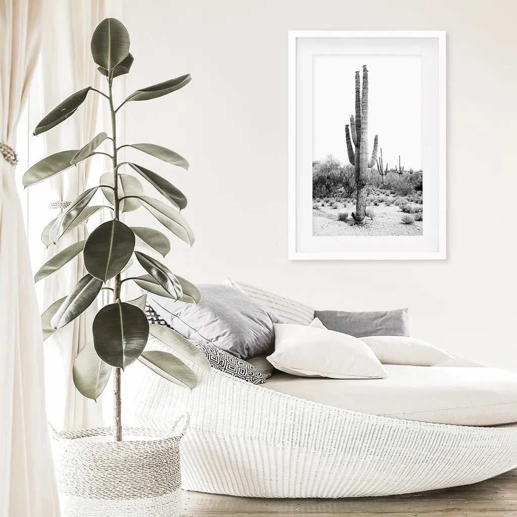 Black White Saguaro Cactus Poster. Arizona Desert Nature. White Frame with Mat