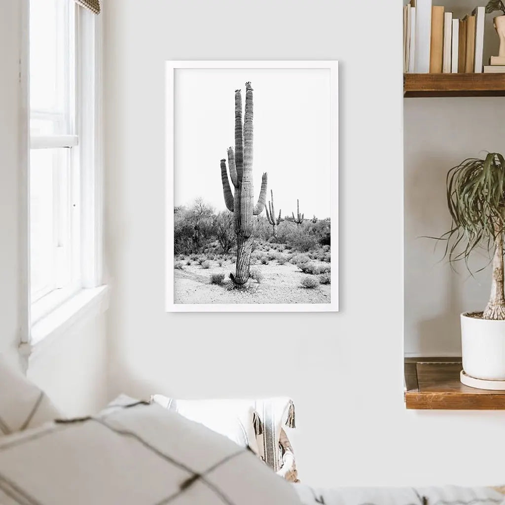 Black White Saguaro Cactus Poster. Arizona Desert Nature. White Frame