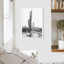 Load image into Gallery viewer, Black White Saguaro Cactus Poster. Arizona Desert Nature. White Frame
