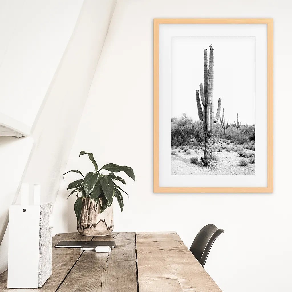 Black White Saguaro Cactus Poster. Arizona Desert Nature. Wood Frame with Mat