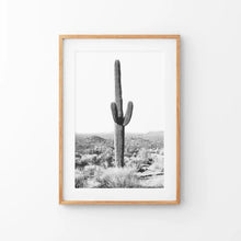 Load image into Gallery viewer, Saguaro Cactus Print. Black White Arizona Desert Nature. Thin Wood Frame with Mat
