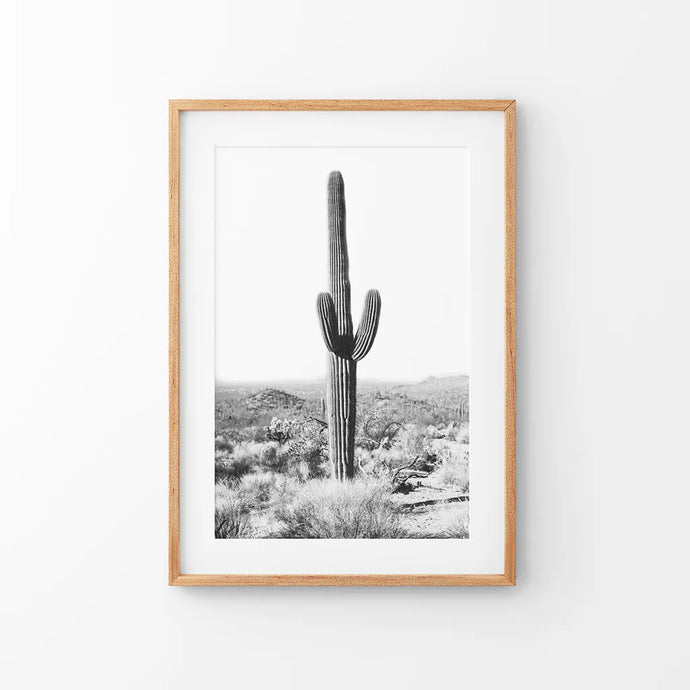 Saguaro Cactus Print. Black White Arizona Desert Nature. Thin Wood Frame with Mat
