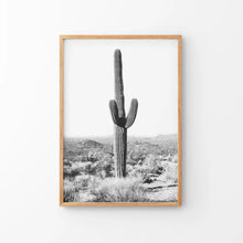 Load image into Gallery viewer, Saguaro Cactus Print. Black White Arizona Desert Nature. Thin Wood Frame
