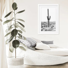 Load image into Gallery viewer, Saguaro Cactus Print. Black White Arizona Desert Nature. White Frame with Mat
