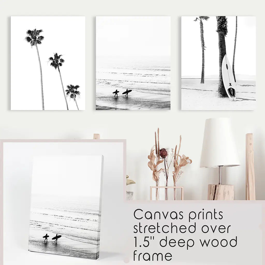 3 Piece Black White Ocean Surf Print Set. Surfers, Palm Trees, Surfboard on the Beach. Wrapped Canvas