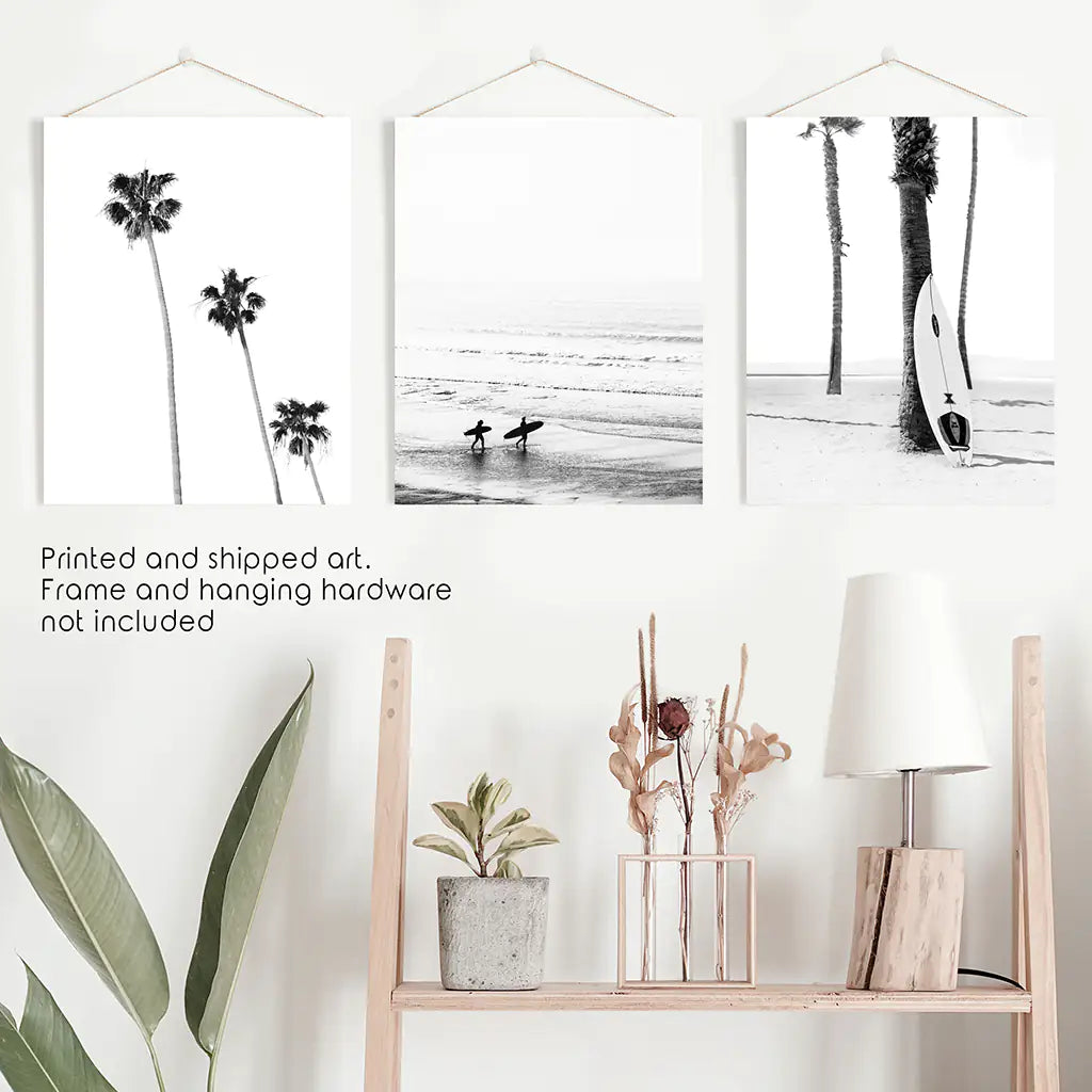 3 Piece Black White Ocean Surf Print Set. Surfers, Palm Trees, Surfboard on the Beach. Unframed Photography