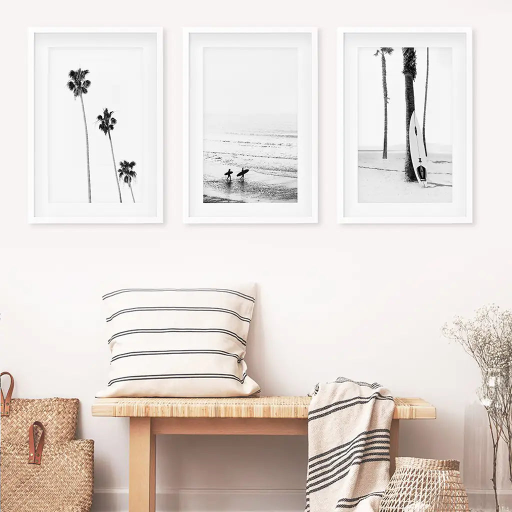 3 Piece Black White Ocean Surf Print Set. Surfers, Palm Trees, Surfboard on the Beach. White Frames with Mat