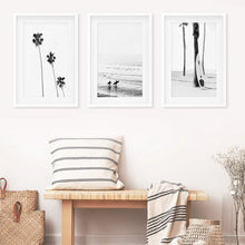 Load image into Gallery viewer, 3 Piece Black White Ocean Surf Print Set. Surfers, Palm Trees, Surfboard on the Beach. White Frames with Mat
