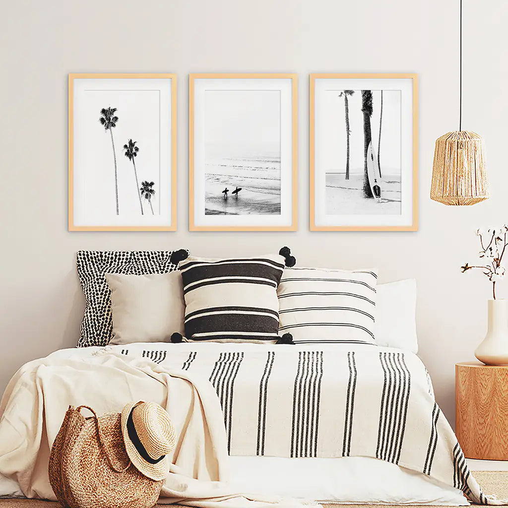 3 Piece Black White Ocean Surf Print Set. Surfers, Palm Trees, Surfboard on the Beach. Wood Frames with Mat