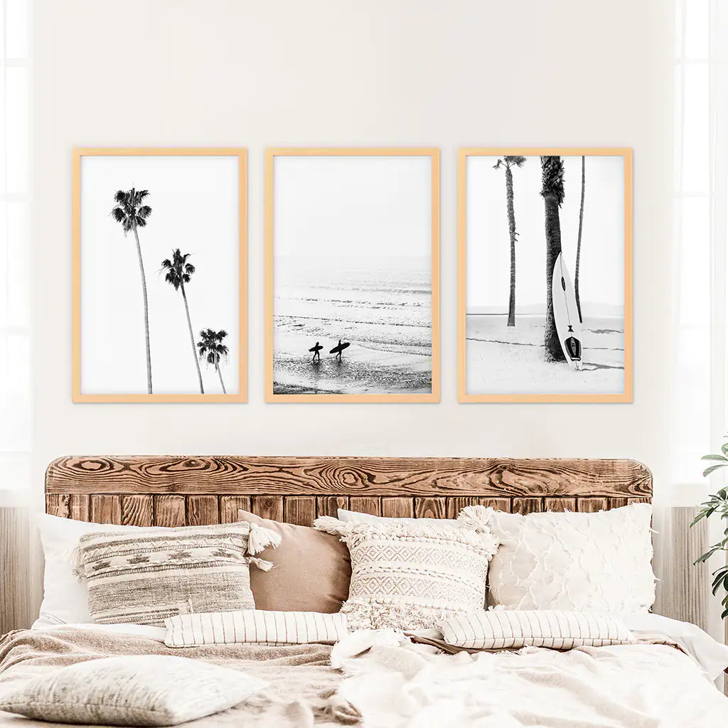 3 Piece Black White Ocean Surf Print Set. Surfers, Palm Trees, Surfboard on the Beach. Wood Frames