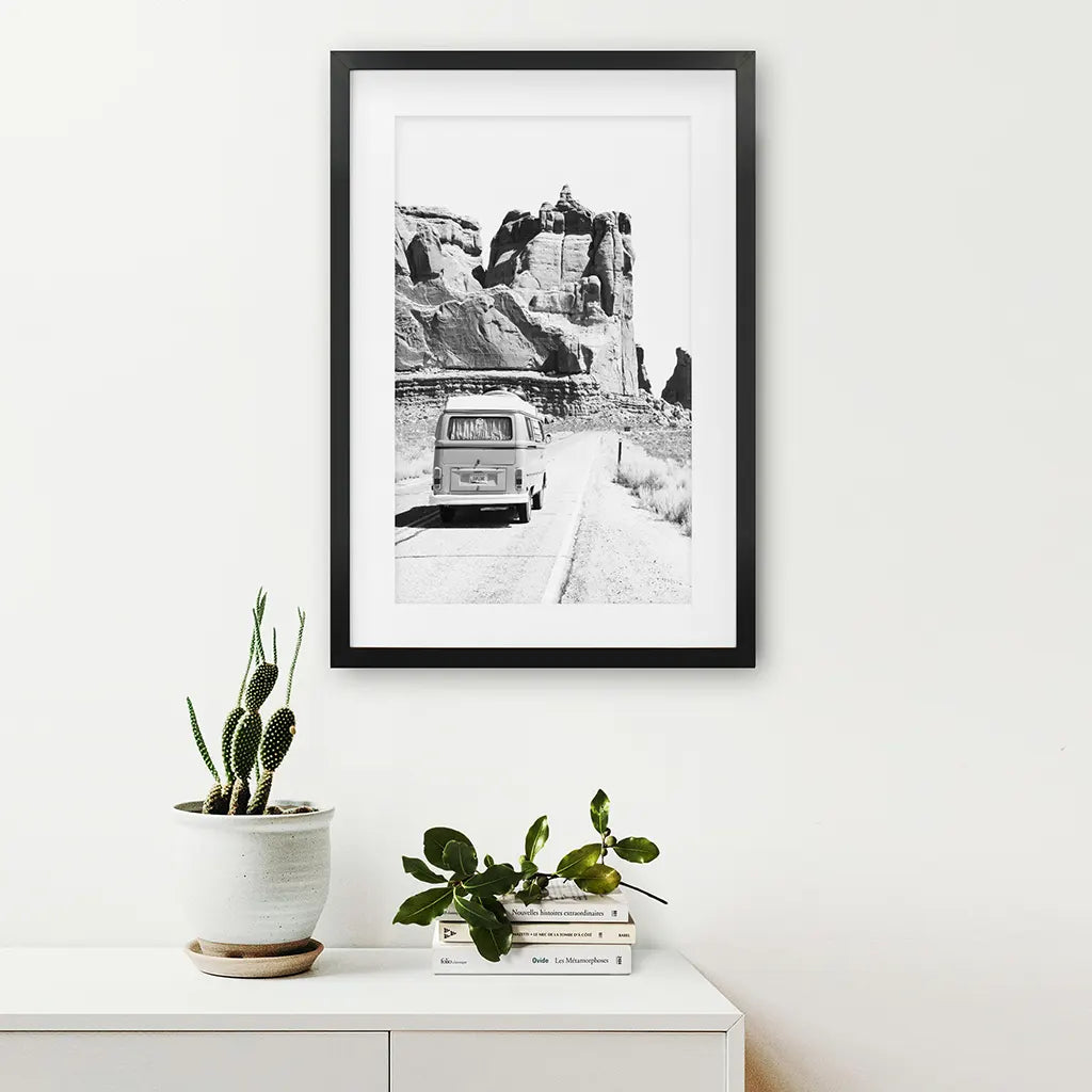 Black White Van Camper Poster. Utah National Park Theme. Black Frame with Mat