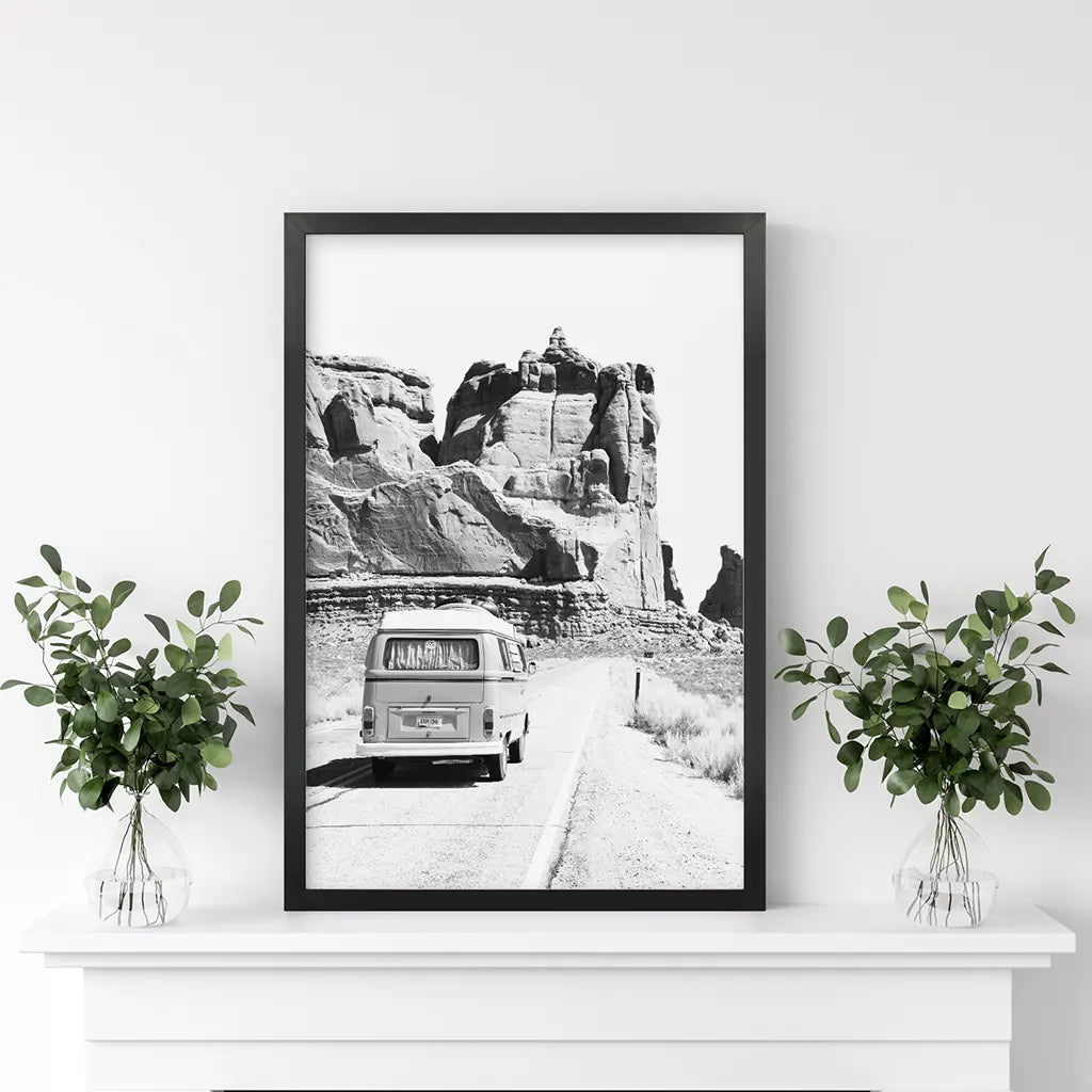 Black White Van Camper Poster. Utah National Park Theme. Black Frame