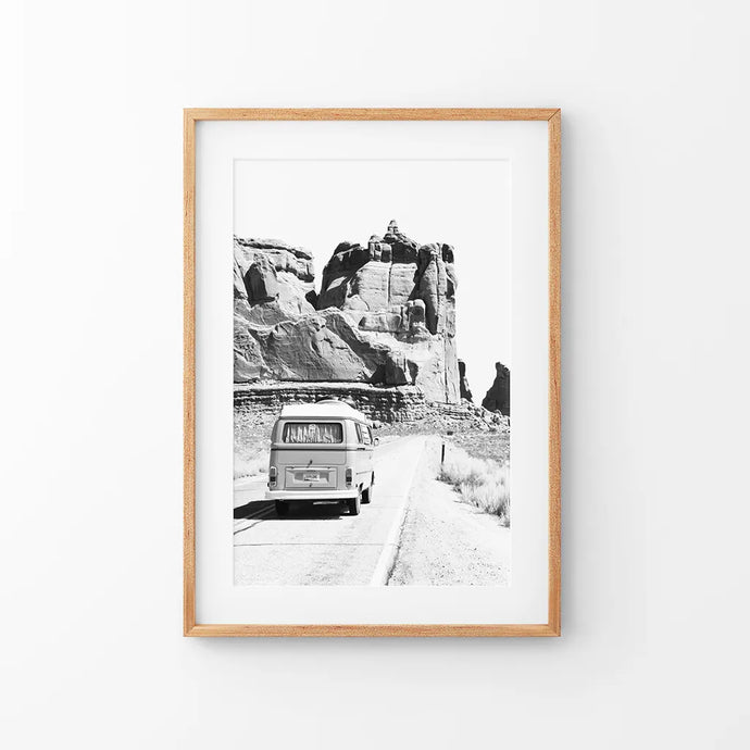 Black White Van Camper Poster. Utah National Park Theme. Thin Wood Frame with Mat