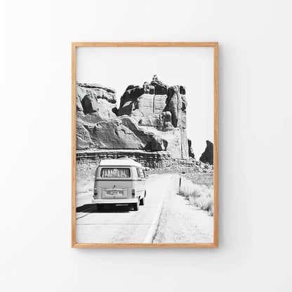 Black White Van Camper Poster. Utah National Park Theme. Thin Wood Frame