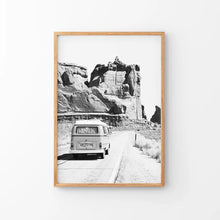 Load image into Gallery viewer, Black White Van Camper Poster. Utah National Park Theme. Thin Wood Frame
