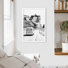 Load image into Gallery viewer, Black White Van Camper Poster. Utah National Park Theme. White Frame
