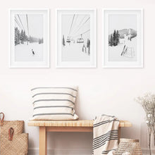 Load image into Gallery viewer, 3 Piece Black White Winter Sport Wall Art Set. Ski Lodge. White Frames with Mat
