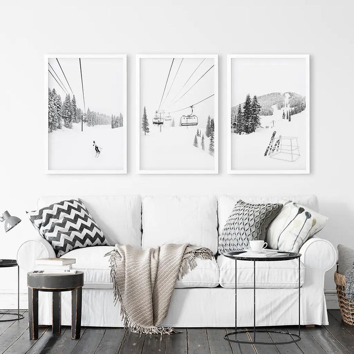 3 Piece Black White Winter Sport Wall Art Set. Ski Lodge. White Frames