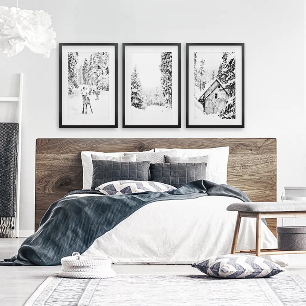 Black White Winter Woodland Wall Art Set of 3. Black Frames witn Mat