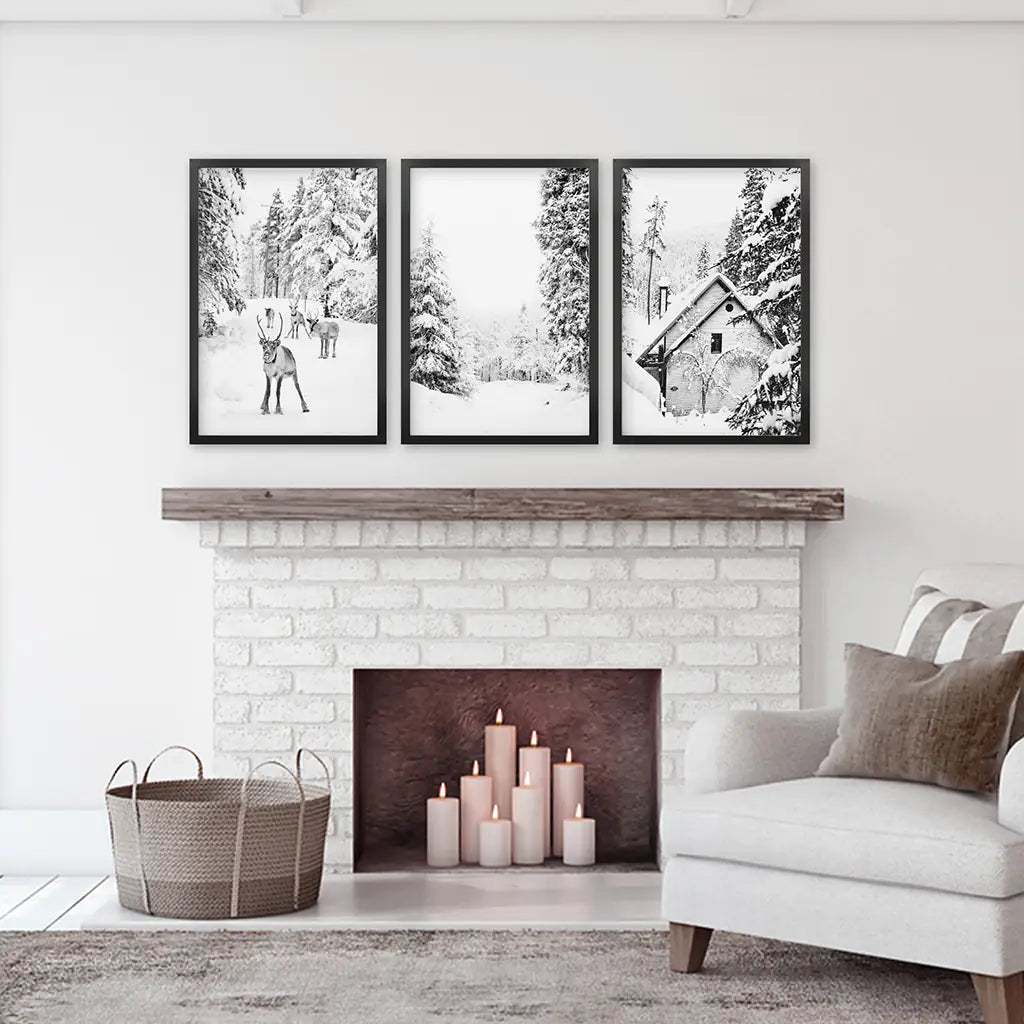 Black White Winter Woodland Wall Art Set of 3. Black Frames