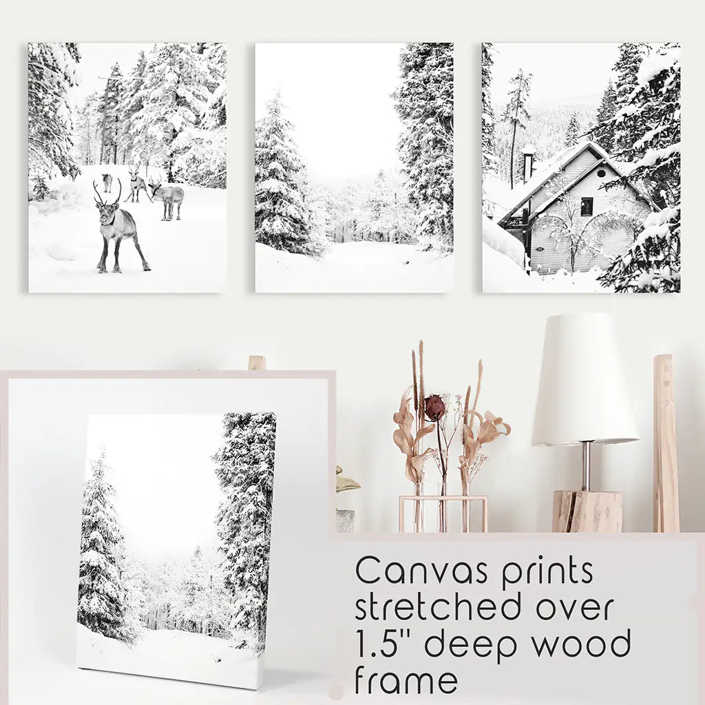 Black White Winter Woodland Wall Art Set of 3. Canvas Prints