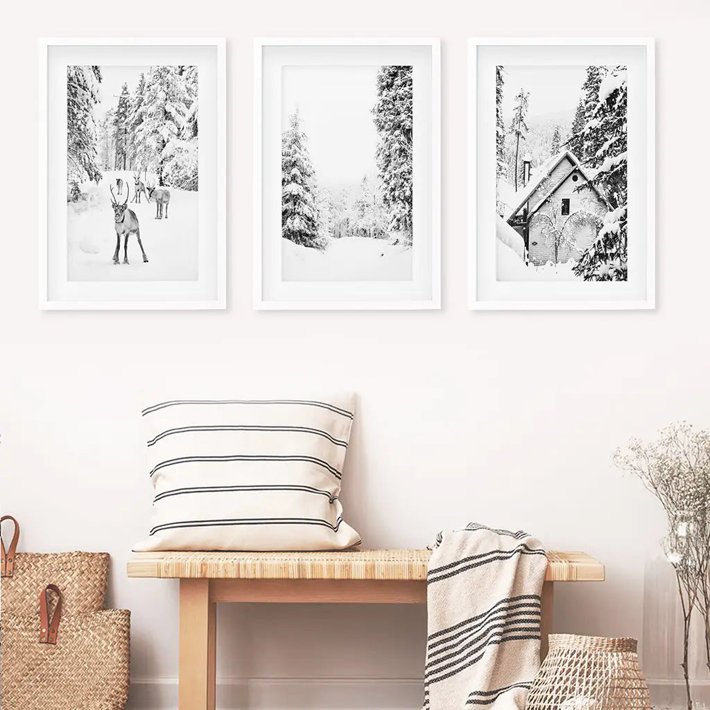 Black White Winter Woodland Wall Art Set of 3. White Frames with Mat