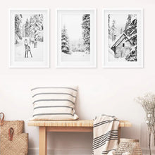 Load image into Gallery viewer, Black White Winter Woodland Wall Art Set of 3. White Frames with Mat

