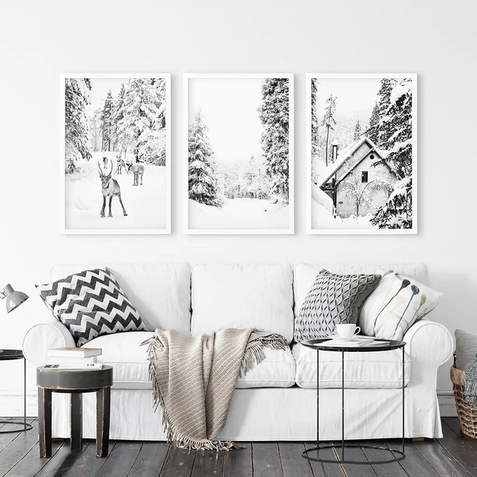 Black White Winter Woodland Wall Art Set of 3. White Frames