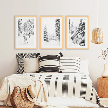 Black White Winter Woodland Wall Art Set of 3. Wood Frames with Mat