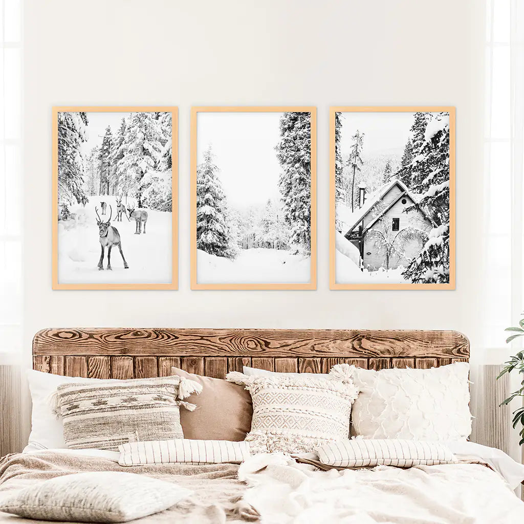 Black White Winter Woodland Wall Art Set of 3. Wood Frames