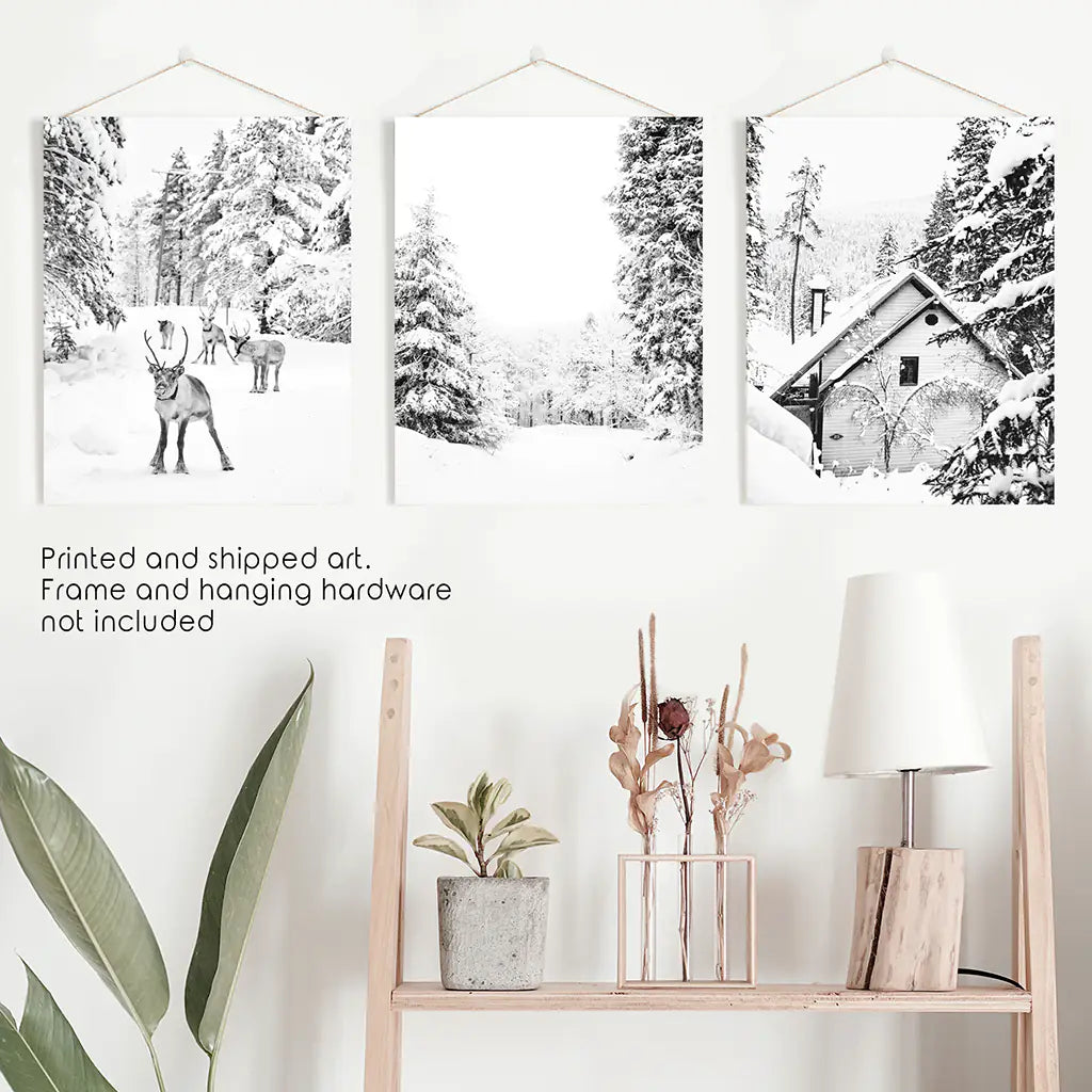 Black White Winter Woodland Wall Art Set of 3.  Unframed Prints