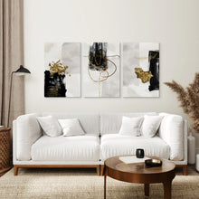 Load image into Gallery viewer, 3 Piece Modern Scandinavian Wall Art Set. Black and Gold. Canvas Print. Living Room
