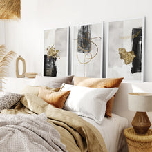Load image into Gallery viewer, 3 Piece Modern Scandinavian Wall Art Set. Black and Gold. White Frame. Bedroom
