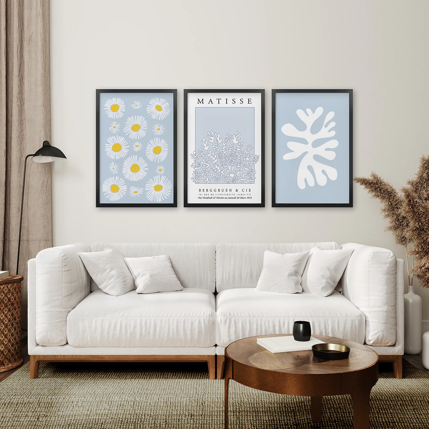 Abstract Matisse Print Set of 3. Blue Floral Wall Art