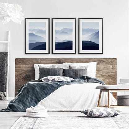 Blue Misty Mountain Scenery. Set of 3 Prints