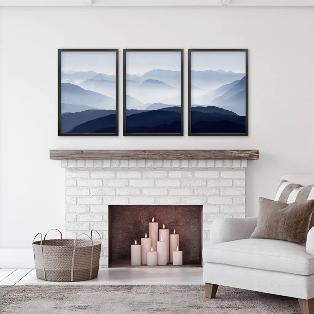 Blue Misty Mountain Scenery. Set of 3 Prints