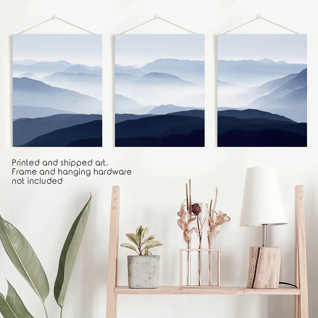 Blue Misty Mountain Scenery. Set of 3 Prints