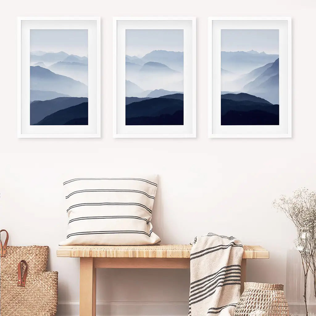 Blue Misty Mountain Scenery. Set of 3 Prints