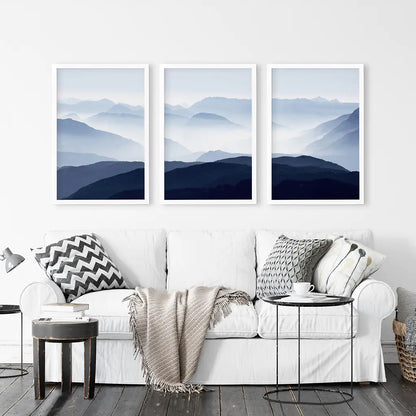 Blue Misty Mountain Scenery. Set of 3 Prints