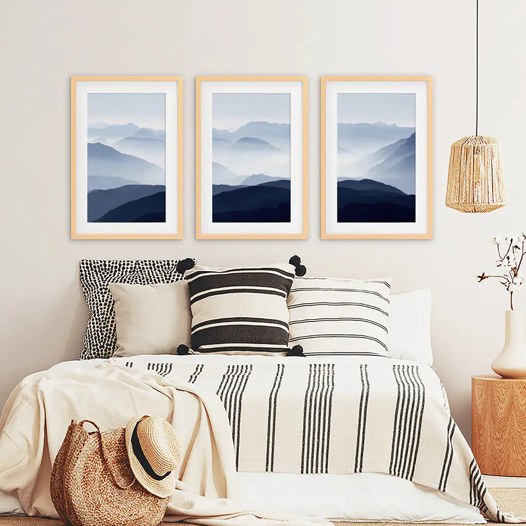 Blue Misty Mountain Scenery. Set of 3 Prints