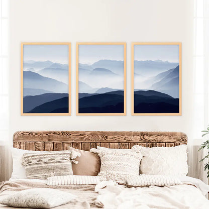 Blue Misty Mountain Scenery. Set of 3 Prints